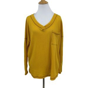 Reb. in J. 220 Kendra Sweater Womens S Mustard Waffle Knit Drop Shoulder V Neck